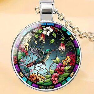 Silver HUMMINGBIRD Glass Cabochon Pendant Necklace